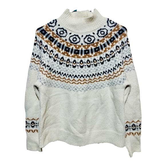 cupcakes & cashmere White and Brown Fair Isle Turtleneck Sweater Size Small - Picture 1 of 4
